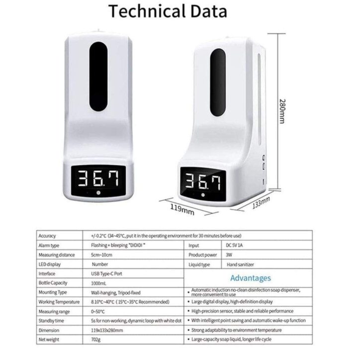 AMITD Berührungsloses Infrarot-Thermometer mit automatischem Spender für Händedesinfektionsmittel, Wandmontage, 1000 ml, für Büro, Geschäfte, Schulen – Bild 8